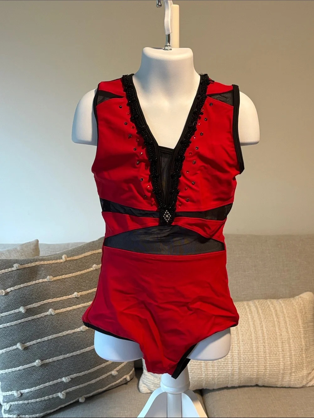 Red and Black Mesh Detail One-Piece Dance Costume Leotard